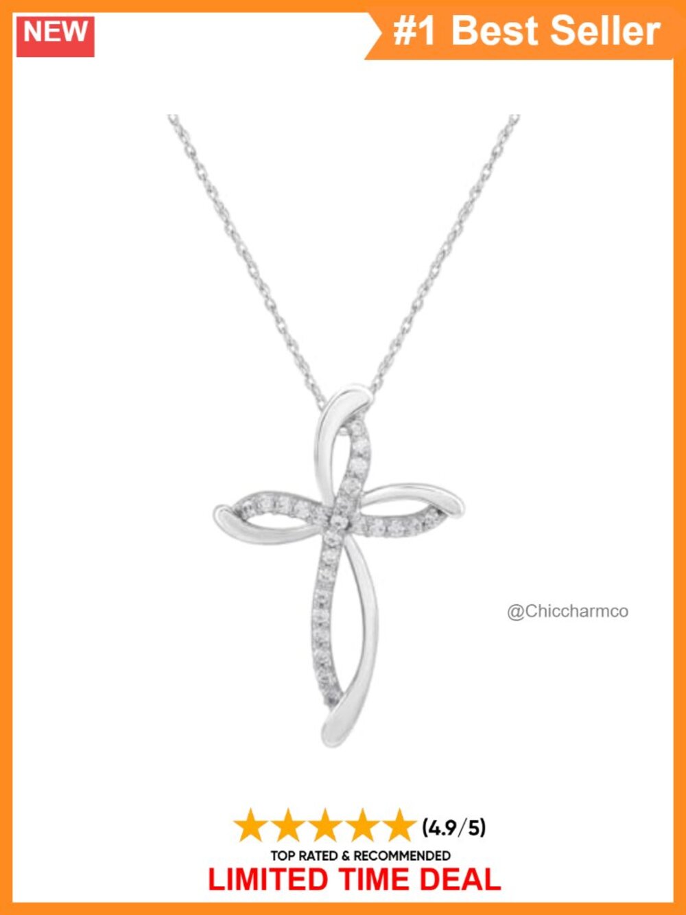 10K White Gold Diamond Swirl Cross Pendant Necklace 18" Rope & Cable Chain 1/4